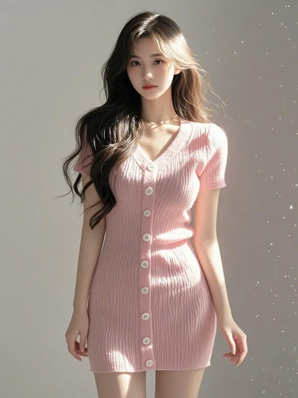 Ribbed Knit Button-Front Mini Dress sold by Ipinkustore