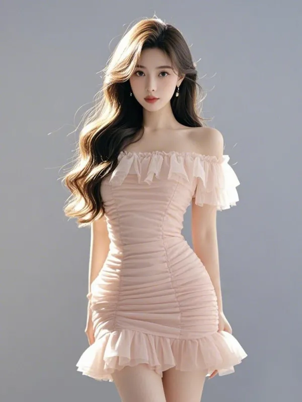 Ruched Off-Shoulder Ruffle Mini Dress sold by Ipinkustore