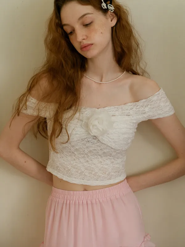 Rosette Off-Shoulder Lace Top sold by Ipinkustore
