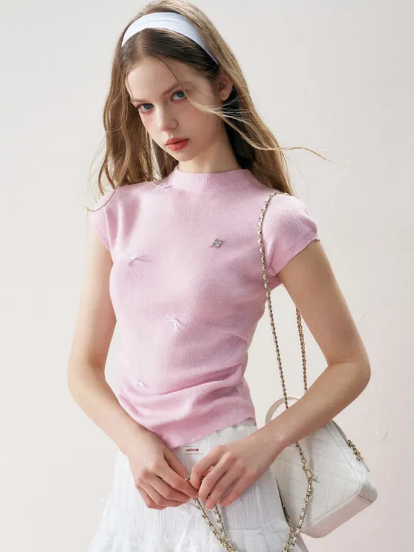 Romantic Bow Shirred Cashmere Wool Knit Top made by Ipinkustore