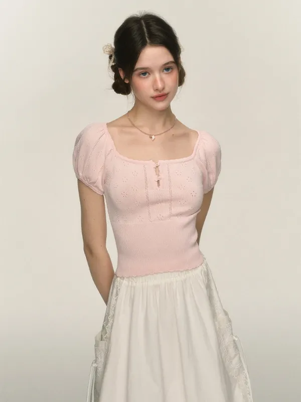 Balletcore Puff Sleeve Knit Top sold by Ipinkustore