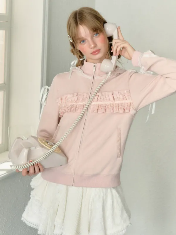 Frilly Lace Zip-Up Hoodie sold by Ipinkustore