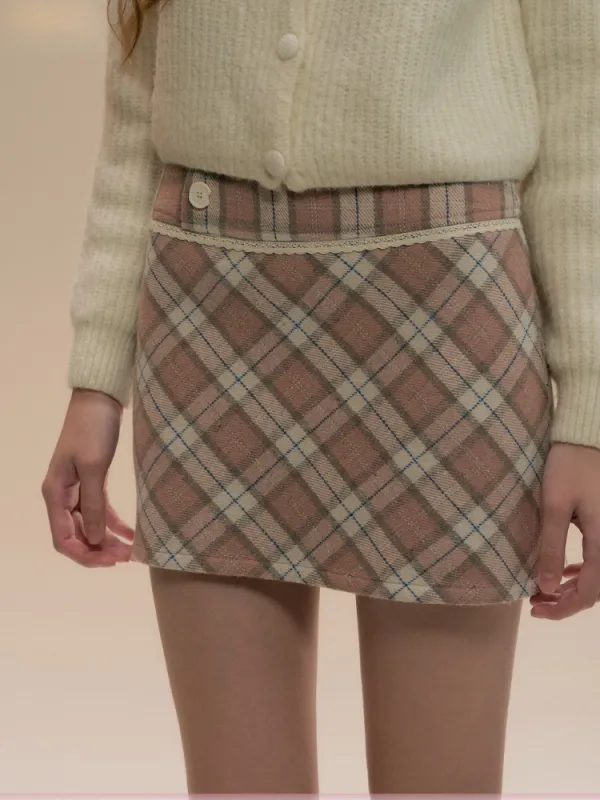 Pink Cozy Plaid Wool Mini Skirt sold by Ipinkustore