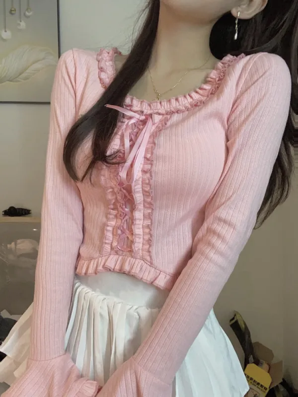 Rosy Ruffle Lace-Up Top sold by Ipinkustore