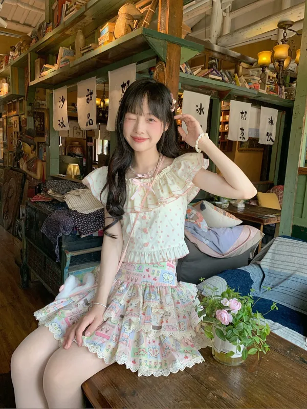 Sweet Dot Top Patchwork Cake Skirt Two-piece Set sold by Ipinkustore