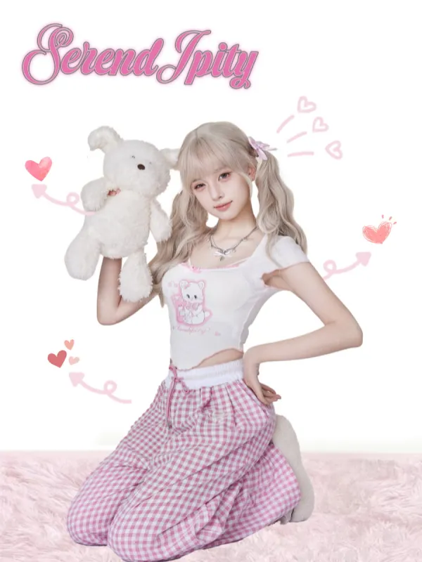 Cute Crop Top  Pink Plaid Pants Set sold by Ipinkustore