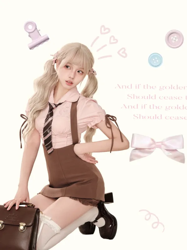 Pink Chocolate Short-sleeved Shirt High Waist Strap Skirt Two-piece Set sold by Ipinkustore