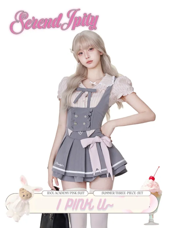 Idol Academy Summer Suit Pink Striped Shirt + Gray Vest + Gray Skirt Three-Piece Set sold by Ipinkustore