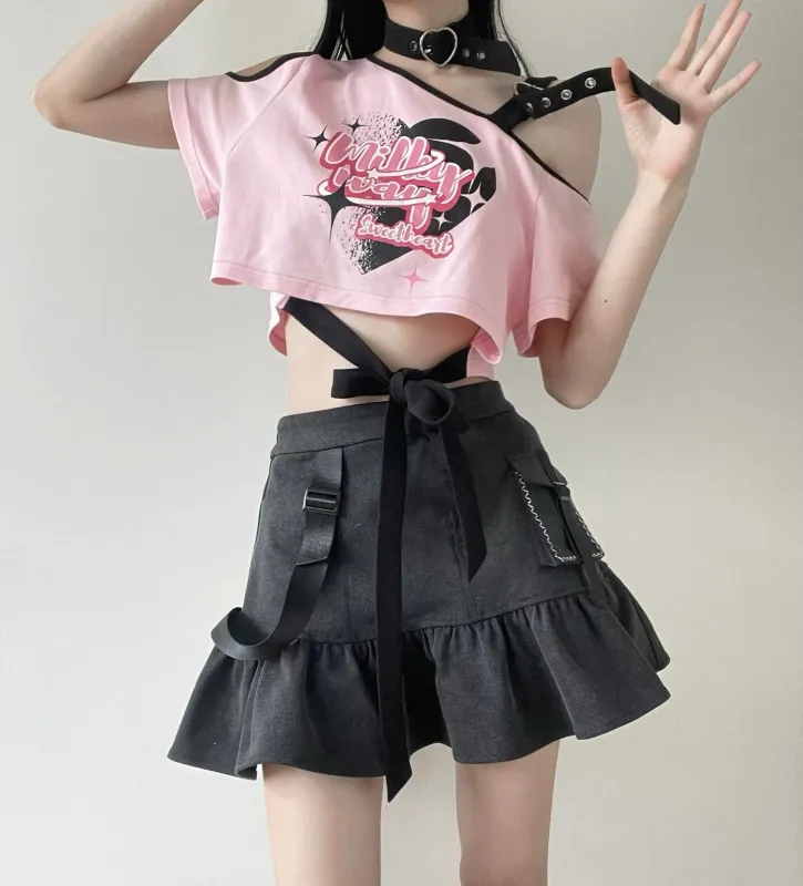 Pink Off Shoulder Strap T-Shirt Skirt Set sold by Ipinkustore