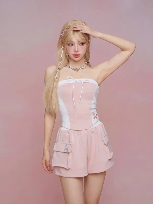 Milky Strawberry Bandeau Top Shorts Set sold by Ipinkustore