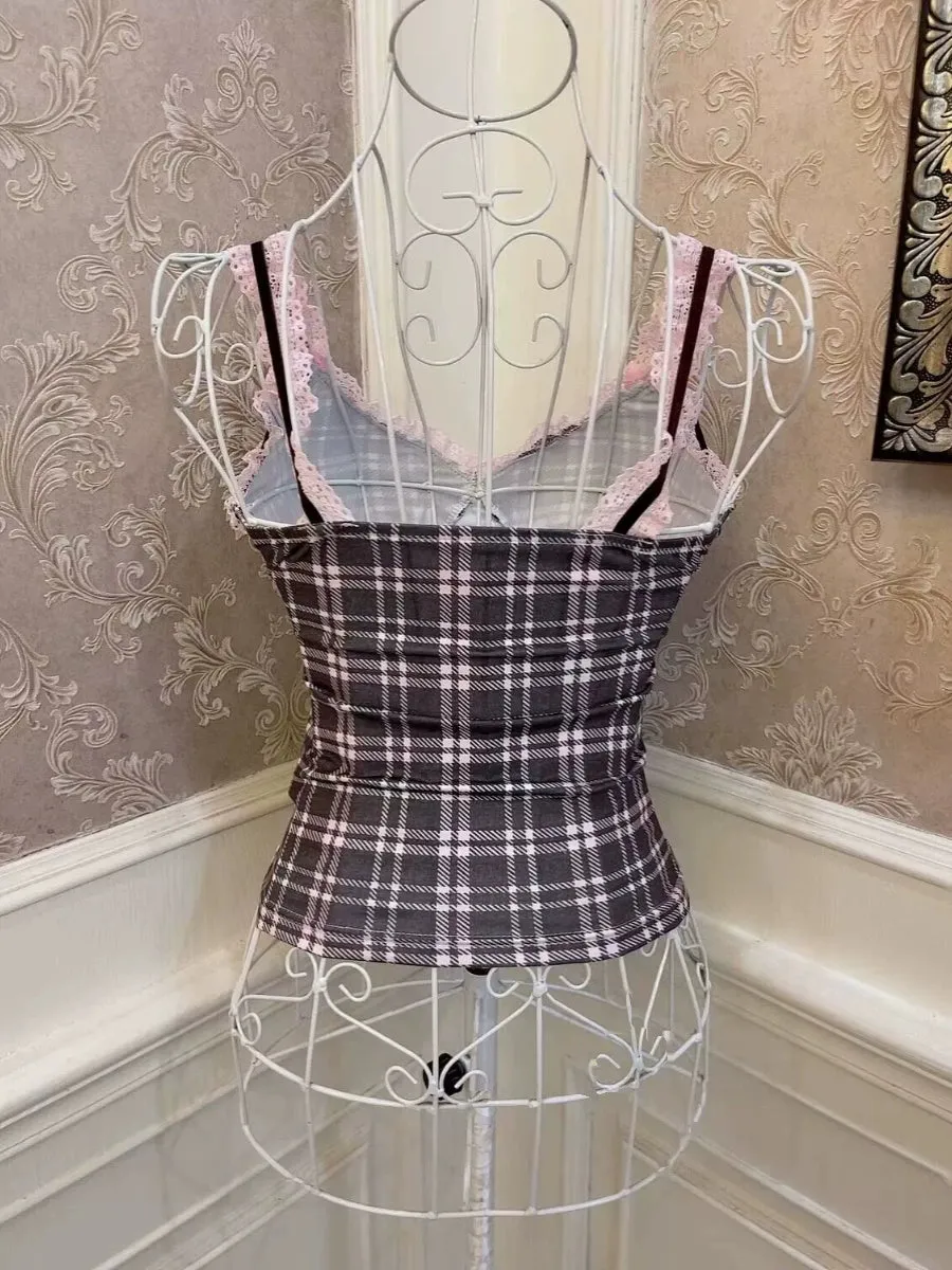Black Pink Coquette Check Lace Slim Camisole sold by Ipinkustore product image thumbnail 4