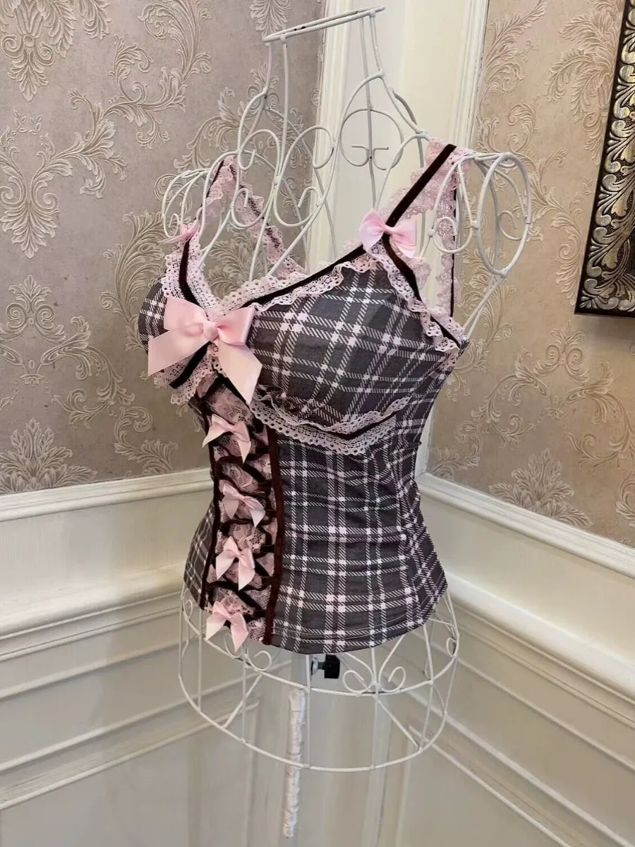 Black Pink Coquette Check Lace Slim Camisole sold by Ipinkustore product image thumbnail 5