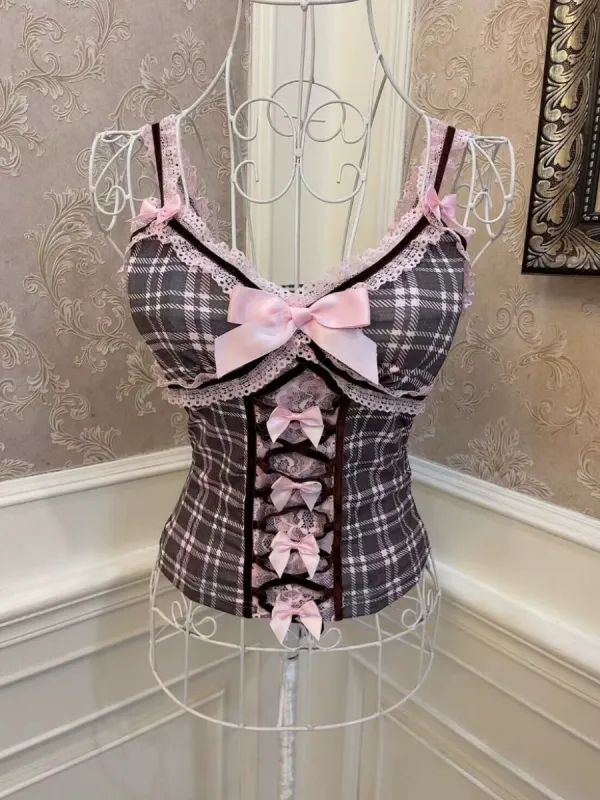 Black Pink Coquette Check Lace Slim Camisole sold by Ipinkustore