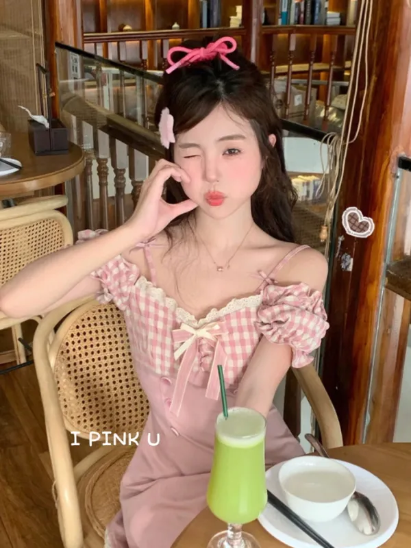 Sweet Pink Checked Short Sleeve Dress sold by Ipinkustore