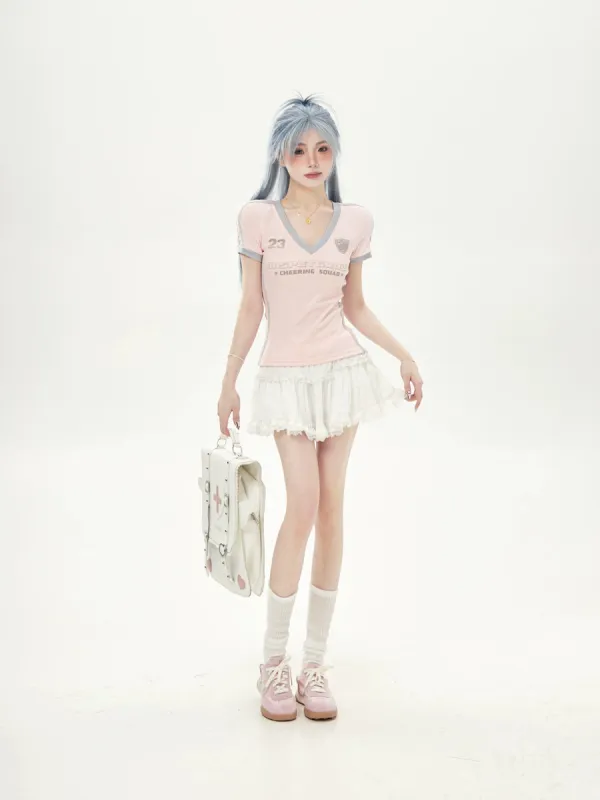 Pastel Pink Blue V-neck T-shirts sold by Ipinkustore