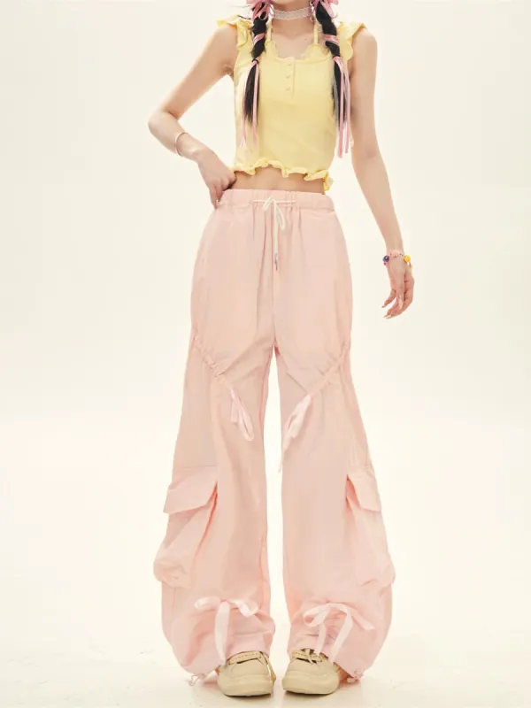 Summer Pink Blue Drawstring Tie Cargo Pants sold by Ipinkustore