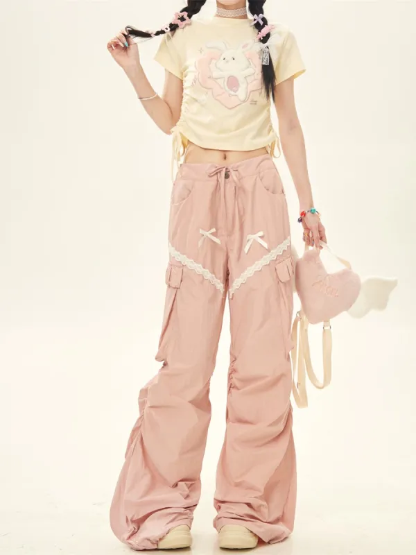 Summer Lovely Pink Gray Lace Cargo Pants sold by Ipinkustore
