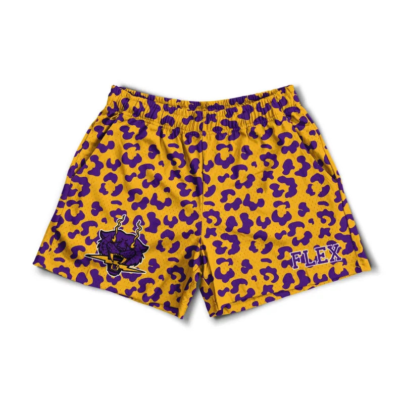 Mesh Flex Shorts 5" - Purple and Gold Leopard sold by Flex Living