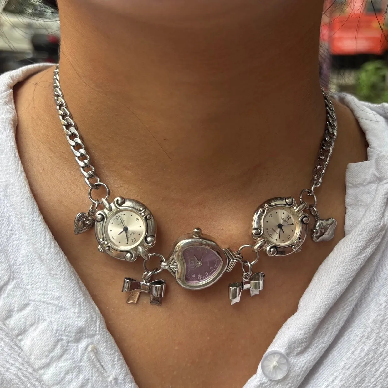 Pink and Purple Silver Watch Necklace with Bow Charms sold by Sage & Saber product image thumbnail 2