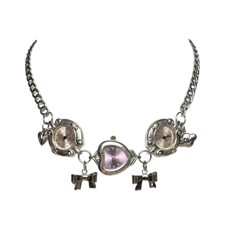Pink and Purple Silver Watch Necklace with Bow Charms sold by Sage & Saber