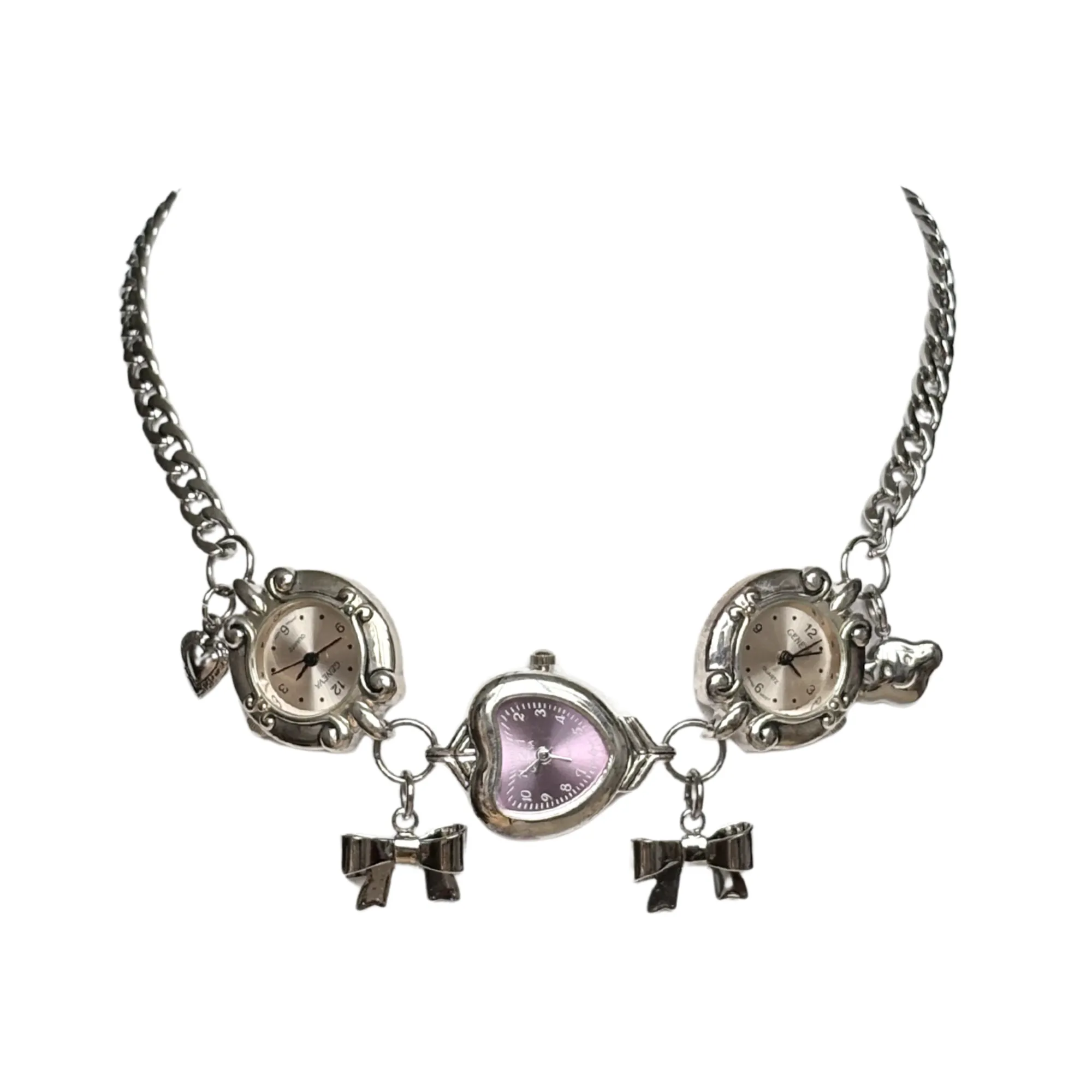 Pink and Purple Silver Watch Necklace with Bow Charms sold by Sage & Saber