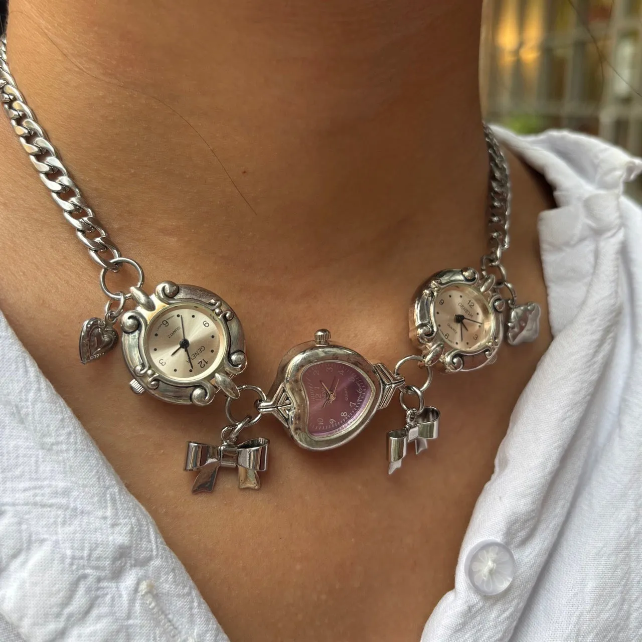 Pink and Purple Silver Watch Necklace with Bow Charms sold by Sage & Saber product image thumbnail 3