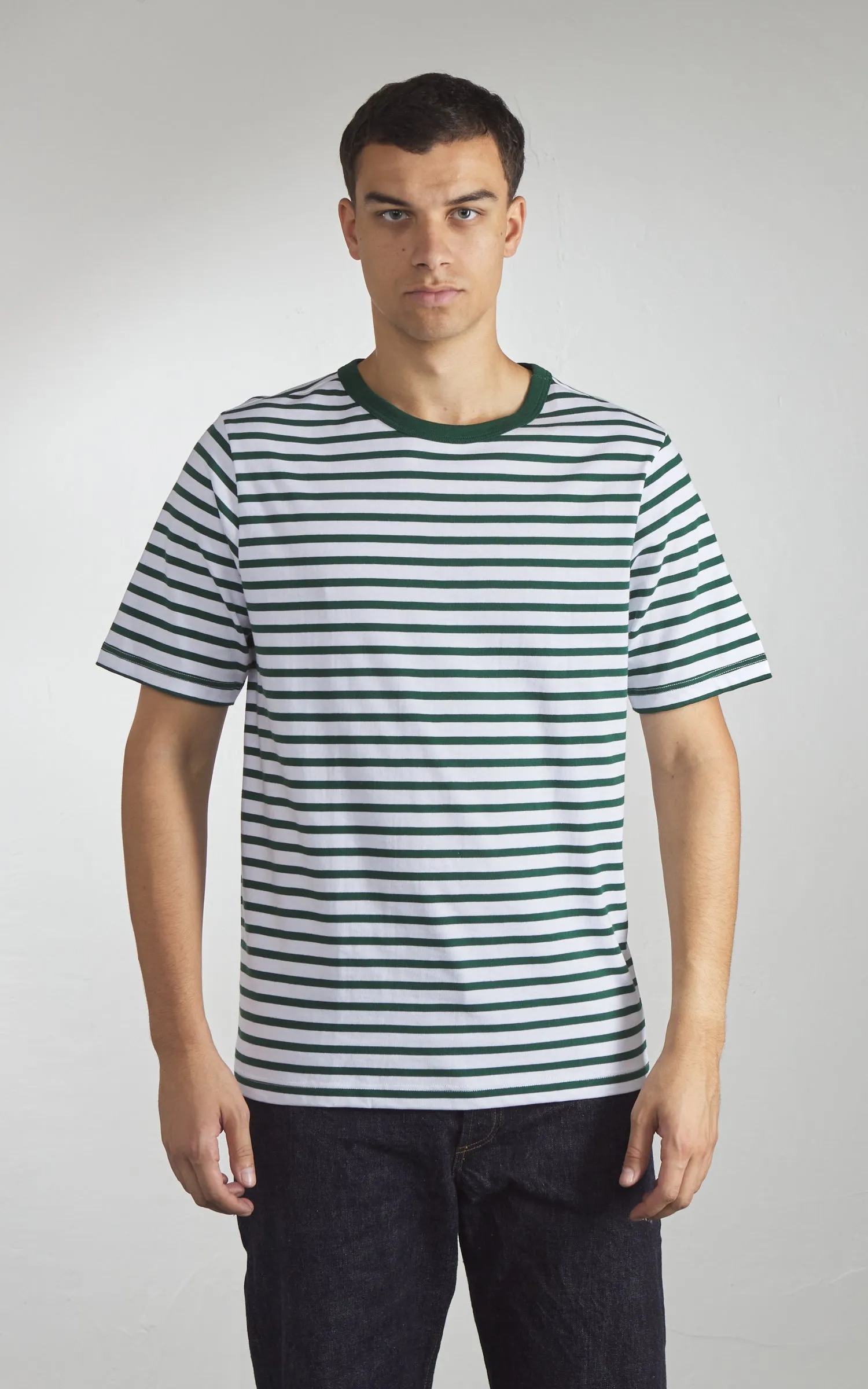 Merz b. Schwanen 2M14 Striped Crew Neck Tee Green/White sold by Cultizm product image thumbnail 2