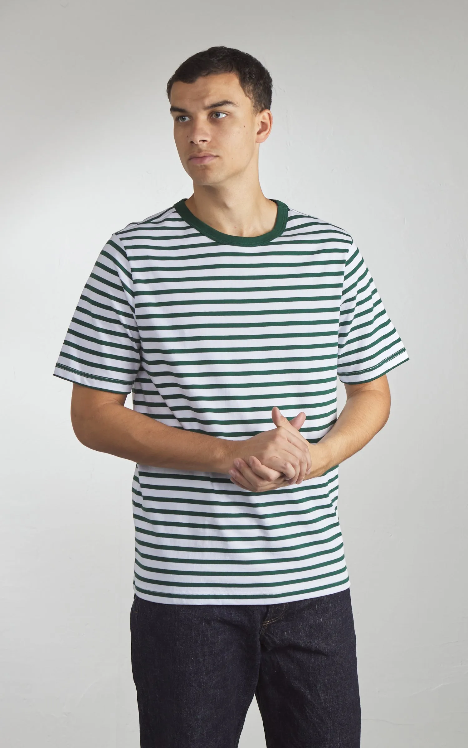 Merz b. Schwanen 2M14 Striped Crew Neck Tee Green/White sold by Cultizm product image thumbnail 5