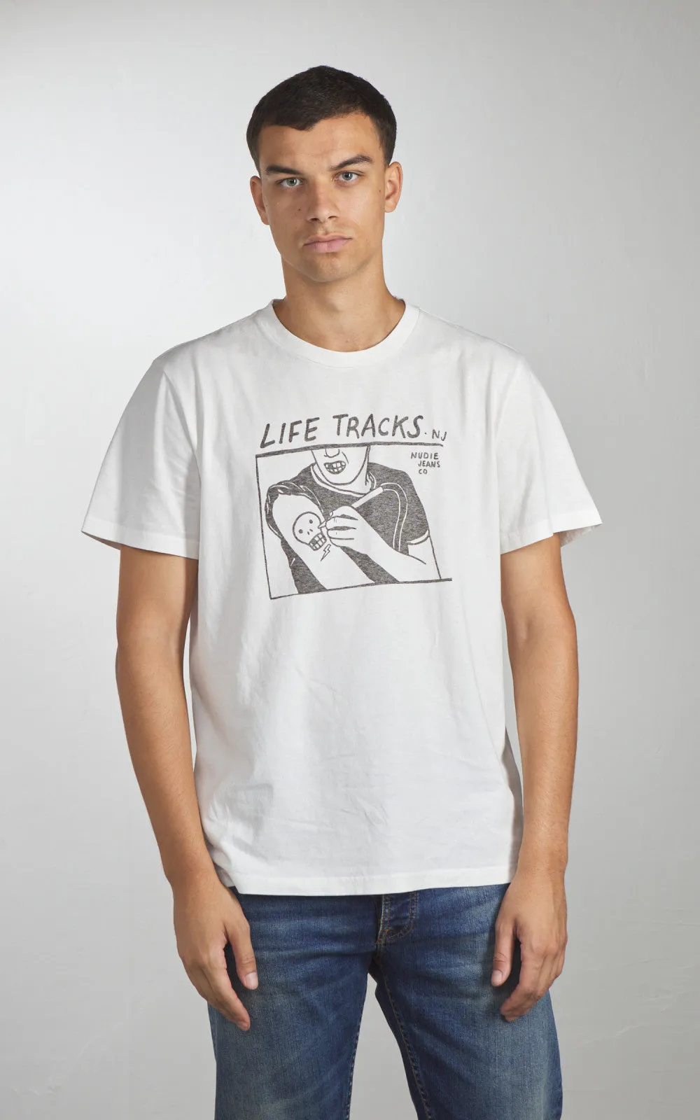Nudie Jeans Roy Life Tracks T-Shirt Chalk White sold by Cultizm product image thumbnail 5