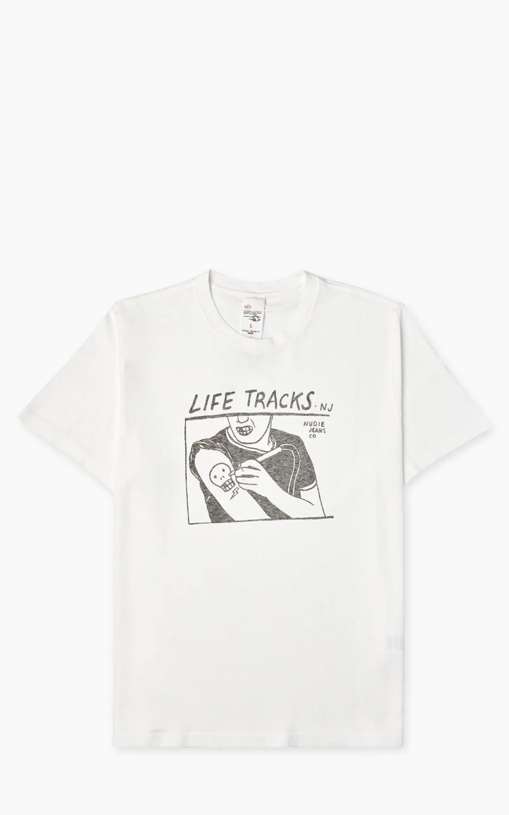 Nudie Jeans Roy Life Tracks T-Shirt Chalk White sold by Cultizm