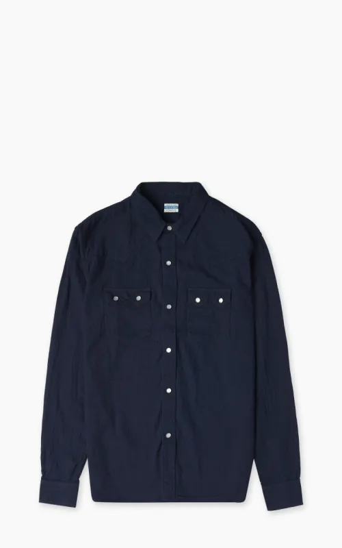 The Flat Head FN-SCW-002L Indigo Dobby Western Shirt Blue sold by Cultizm