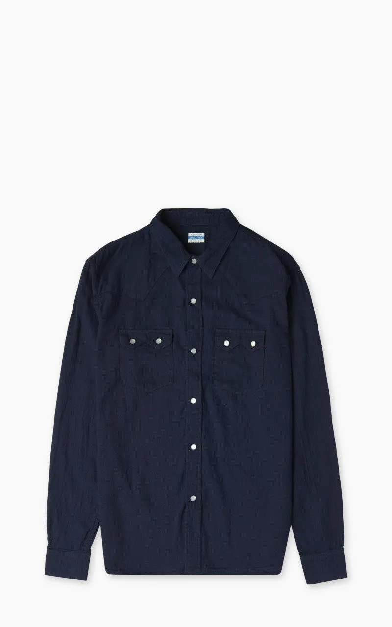 The Flat Head FN-SCW-002L Indigo Dobby Western Shirt Blue sold by Cultizm