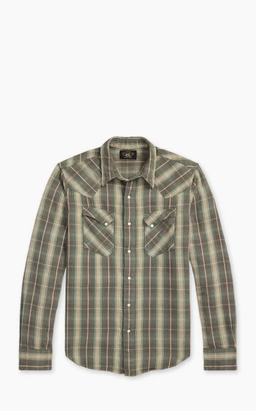 RRL Slim Fit Plaid Twill Western Shirt Green/Grey sold by Cultizm