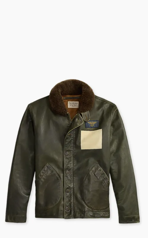 RRL Shearling-Collar Leather Jacket Vintage Olive sold by Cultizm