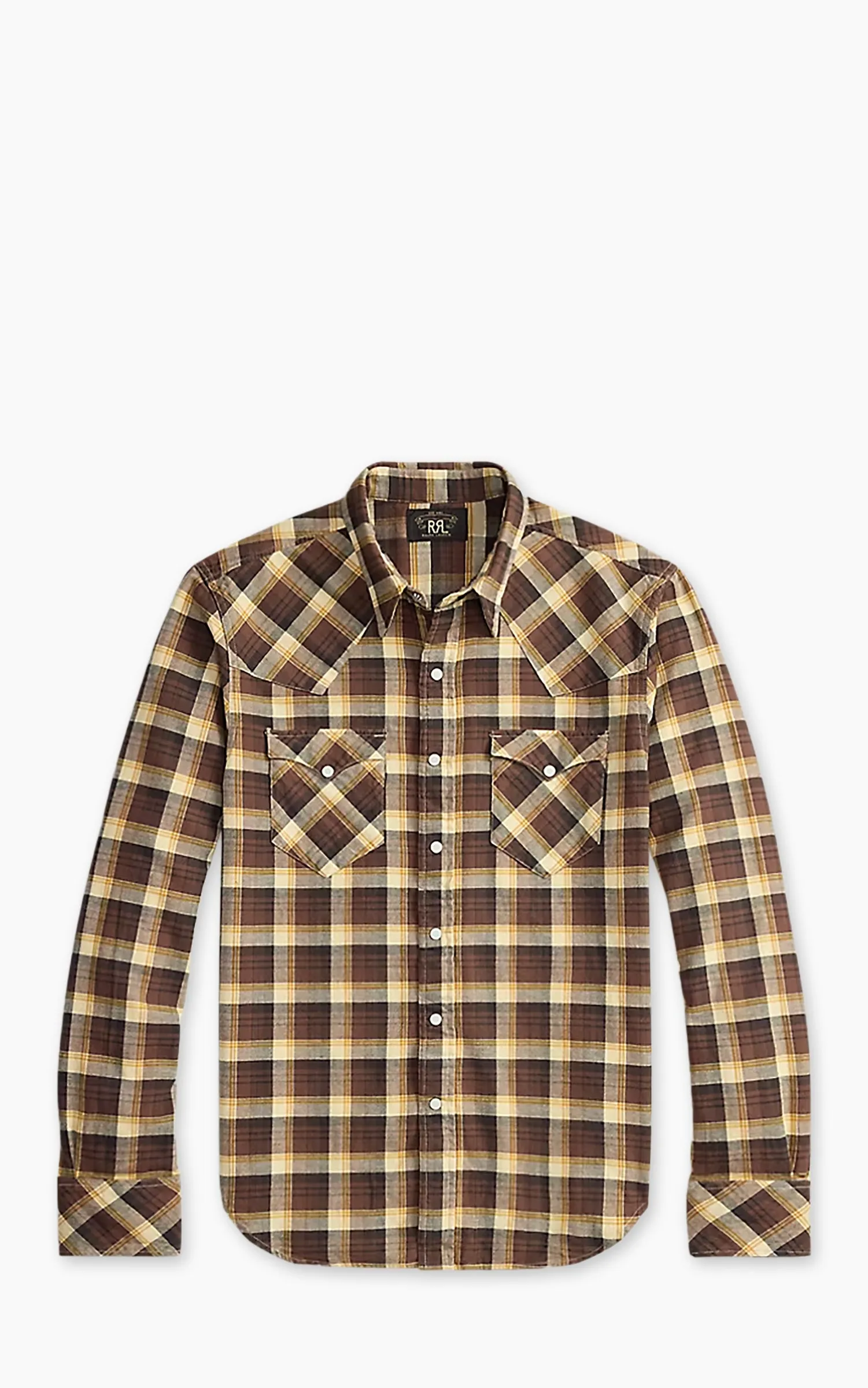 RRL Slim Fit Plaid Twill Western Shirt Brown/Mustard/Cream sold by Cultizm