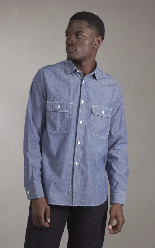 FOB Factory F3494 Selvedge Chambray Work Shirt Blue made by FOB Factory