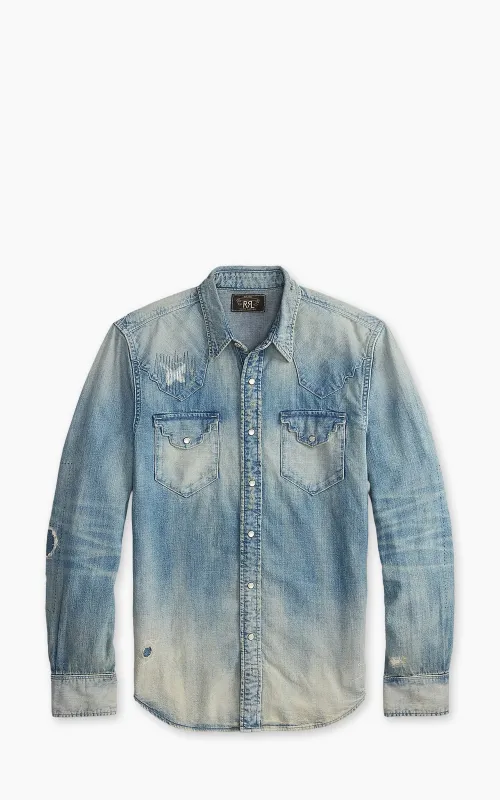 RRL Slim Fit Repaired Denim Western Shirt Addington Wash made by RRL