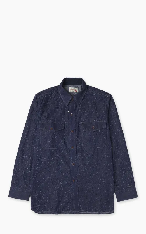 Graph Zero Officer L/S Shirt Flowers Indigo made by GRAPHZERO