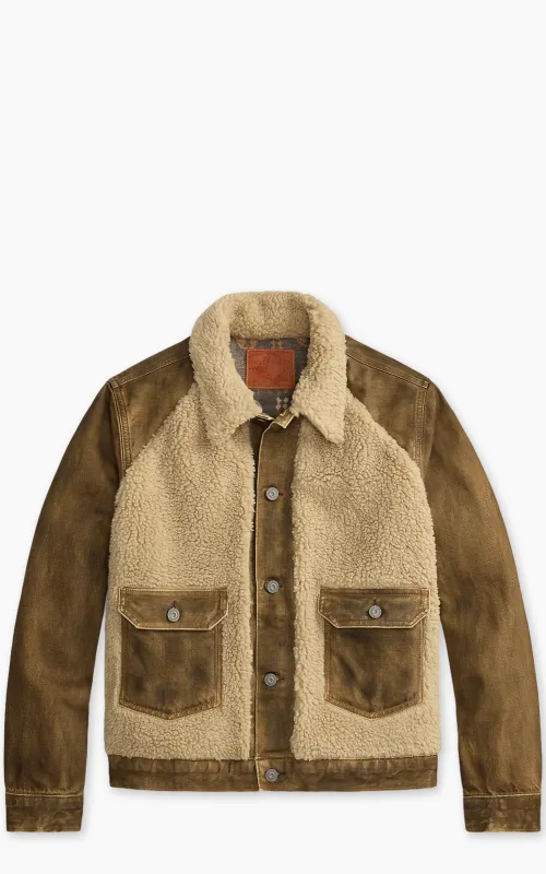 RRL Fleece-Panel Denim Trucker Jacket Distressed Brown made by RRL