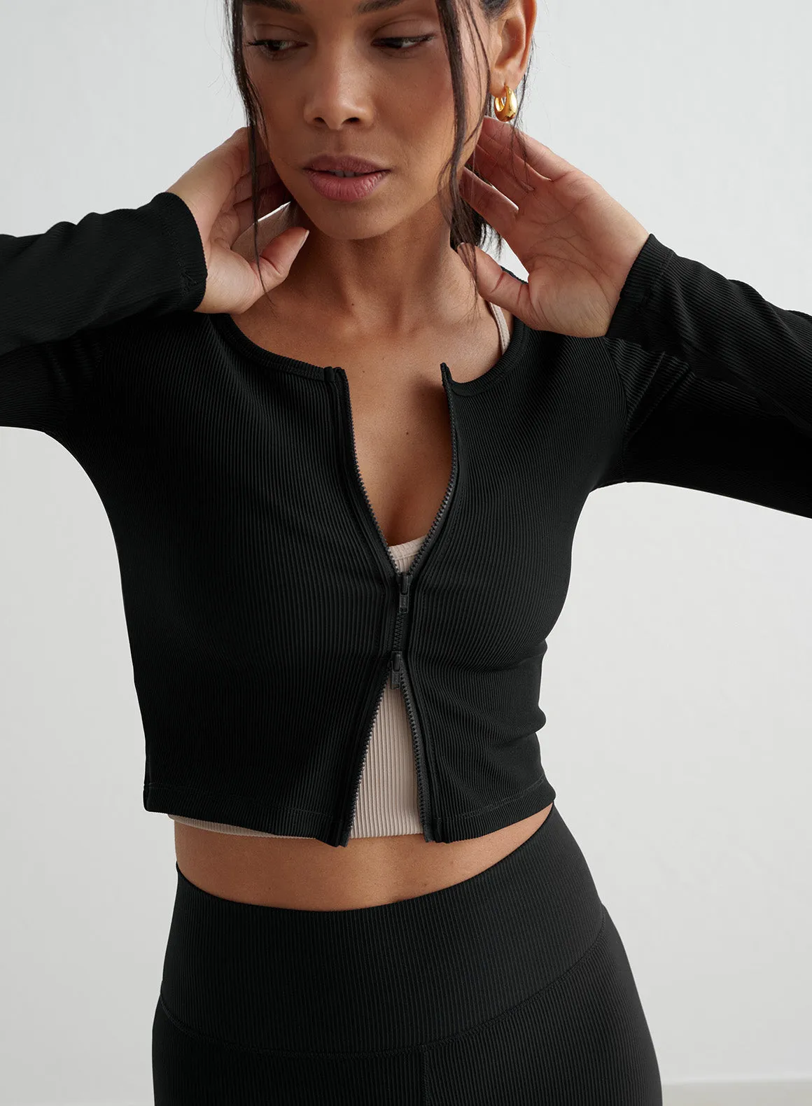 Black Ribbed Performance Zipped Cardigan sold by Aimn product image thumbnail 2