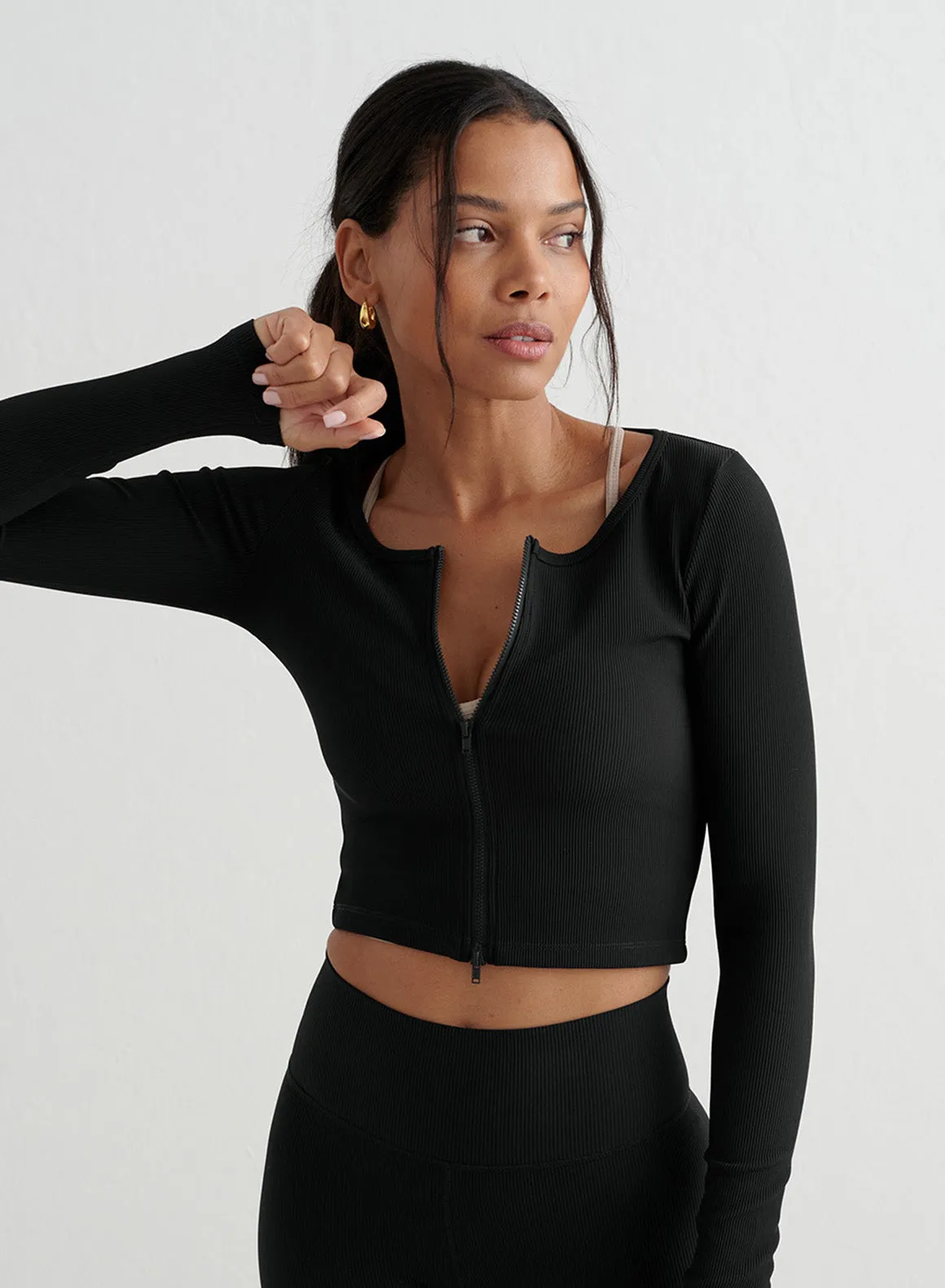 Black Ribbed Performance Zipped Cardigan sold by Aimn