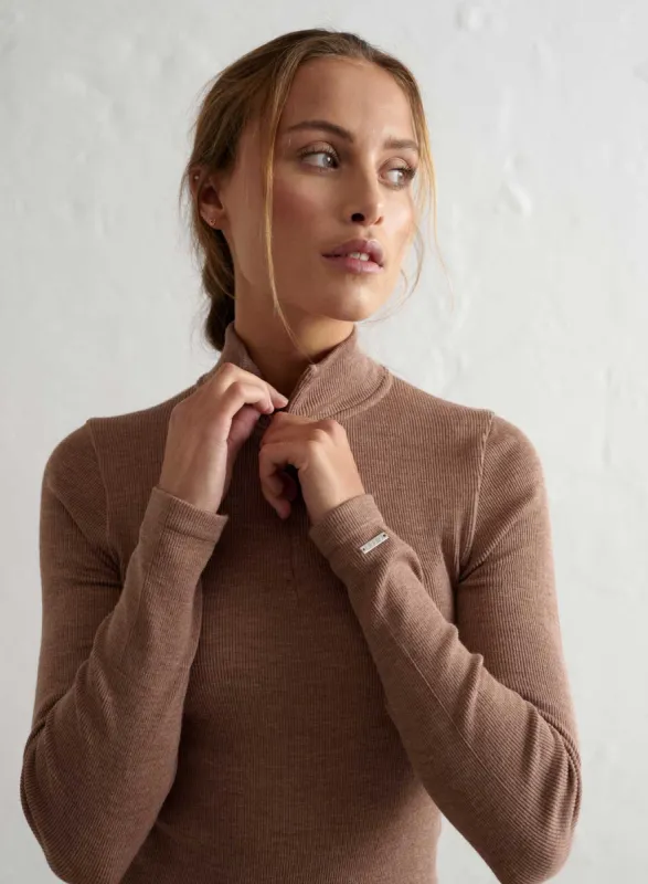 Toffee Melange Ribbed Wool Half Zip sold by Aimn