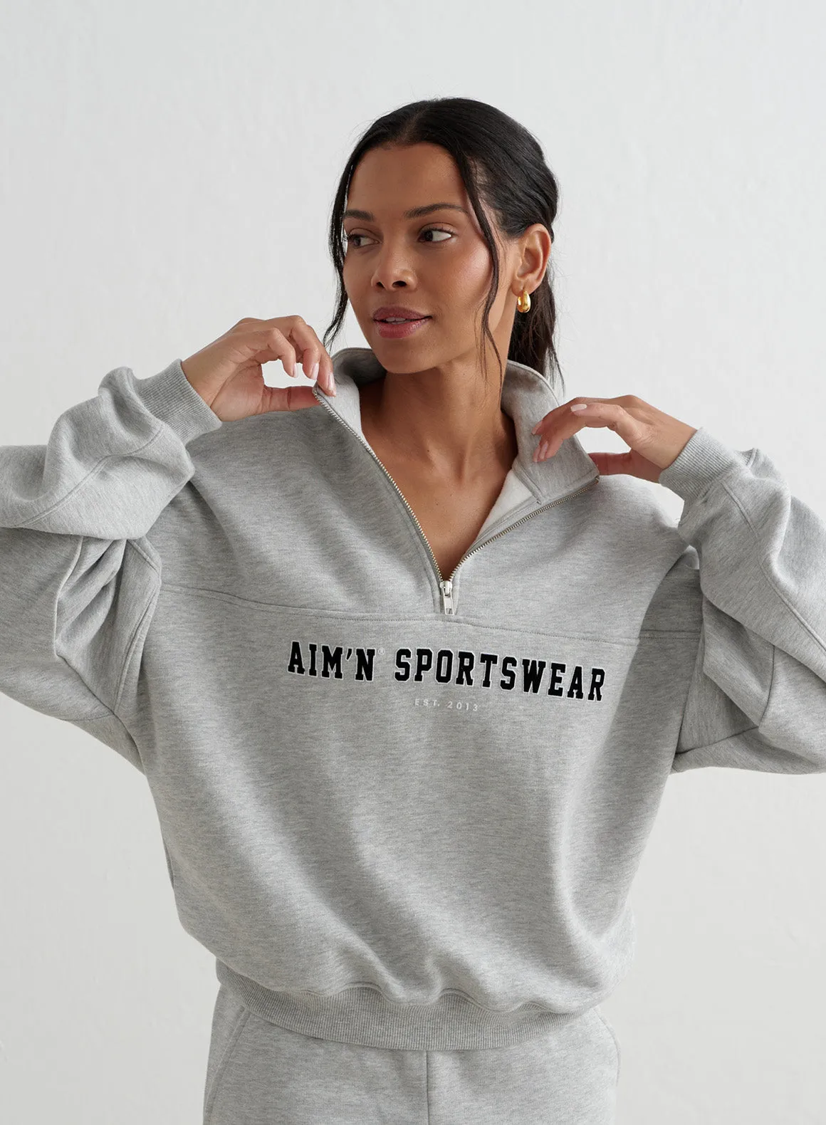 Grey Melange Varsity Sweat Half Zip sold by Aimn