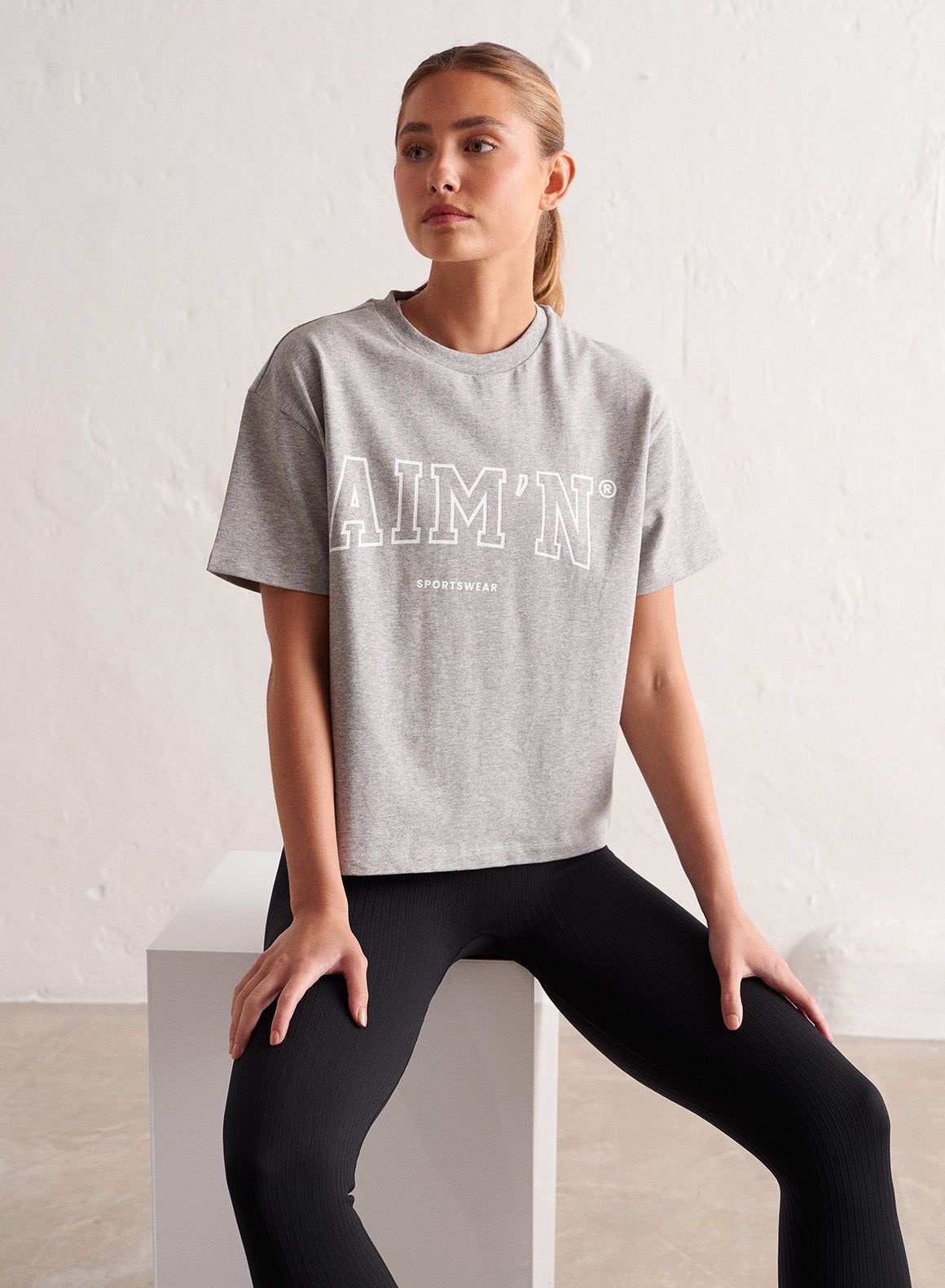 Grey Melange College Boxy T-shirt sold by Aimn product image thumbnail 3