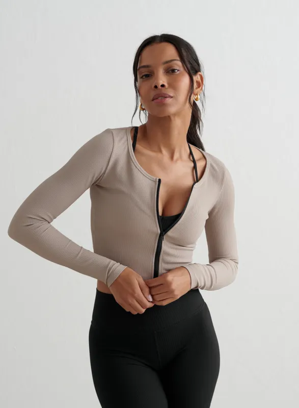 Dark Clay Ribbed Performance Zipped Cardigan sold by Aimn