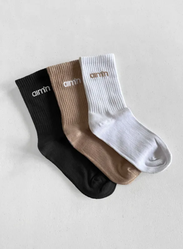 Black/White/Espresso aim'n Logo Socks 3-pack sold by Aimn