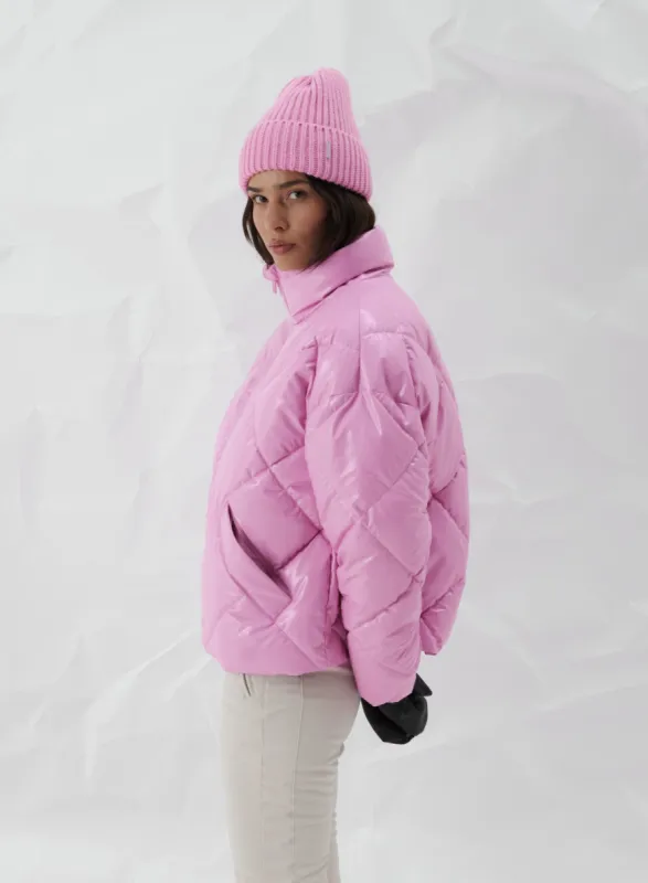 Peony Pink Diamond Quilt Puffer Jacket sold by Aimn