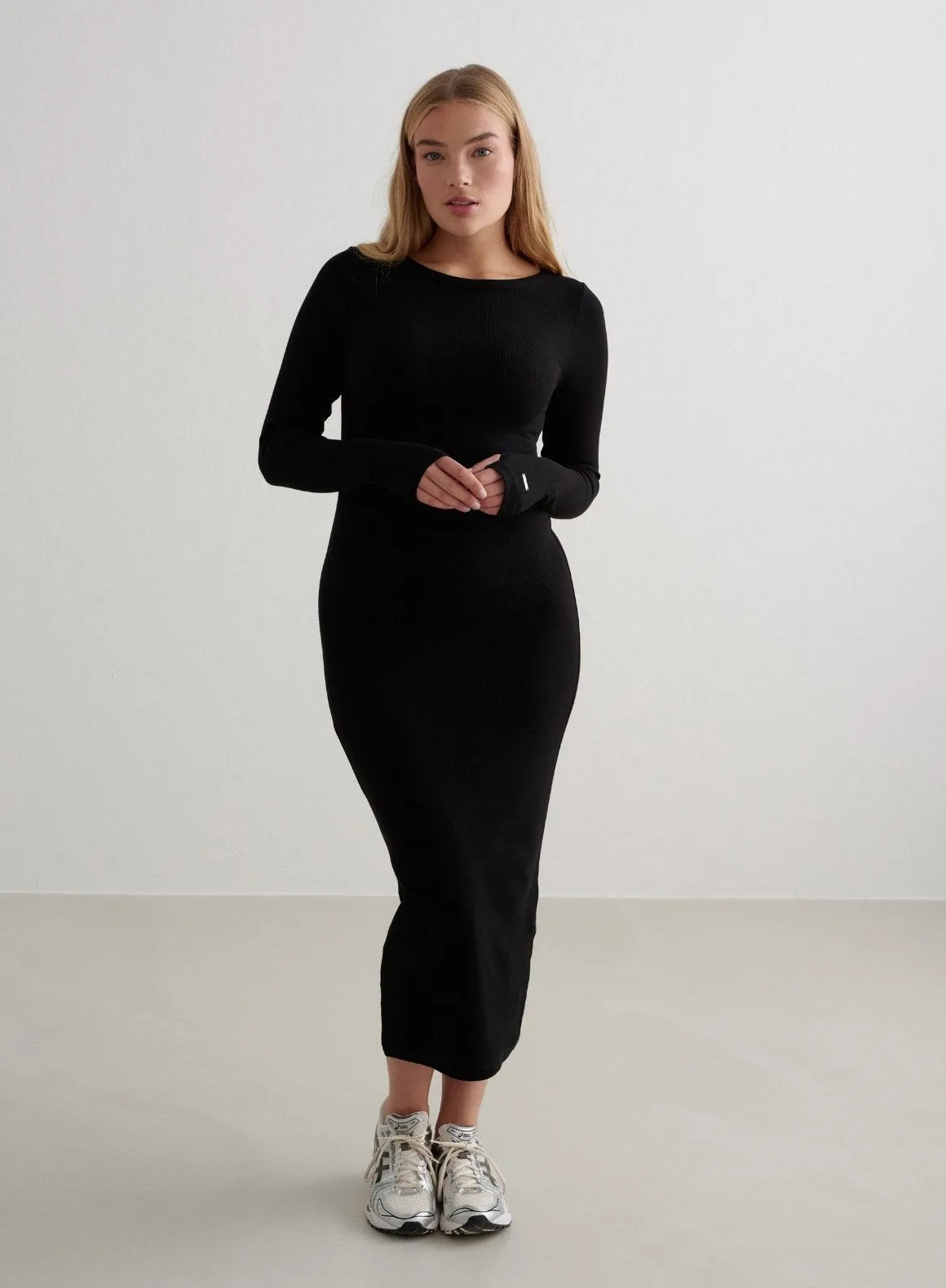 Black Ease Ribbed Long Sleeve Dress sold by Aimn