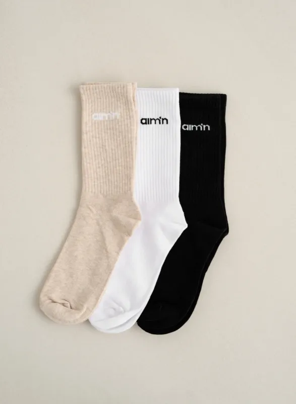 Beige Melange Aim'n Logo Socks 3-pack sold by Aimn