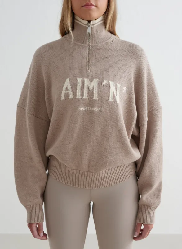 Dark Clay College Knitted Half Zip sold by Aimn